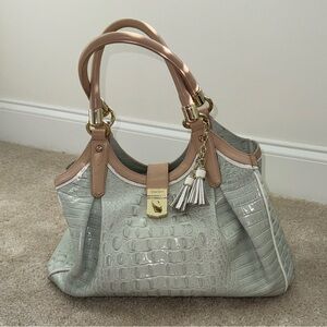 Brahmin Sea Green and Tan Croc-Embossed Satchel